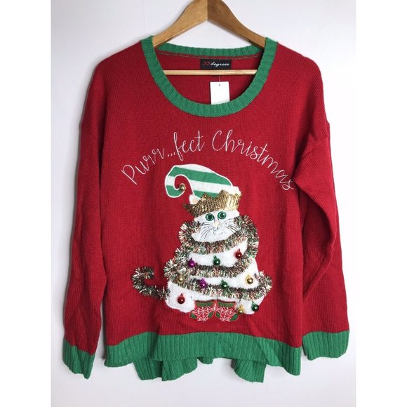 33 Degrees Purr..Fect Cat Jingle Bells Elf Hat Ugly Christmas Sweater Large New - Picture 1 of 9